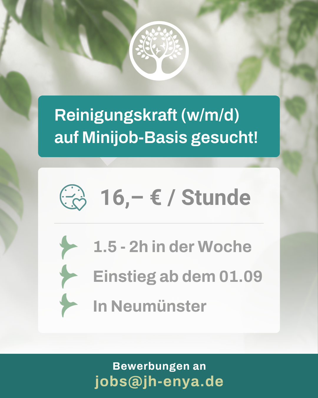 Stellenangebot als Reinigungskraft auf Minijob-Basis in Neumünster bei der Jugendhilfe Enya